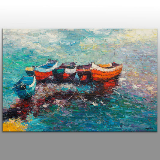 Oil Painting Seascape Fishing Boat at Dawn, Canvas Art, Canvas Wall Art, Abstract Art, Original Painting, Modern Art, Large Oil Painting