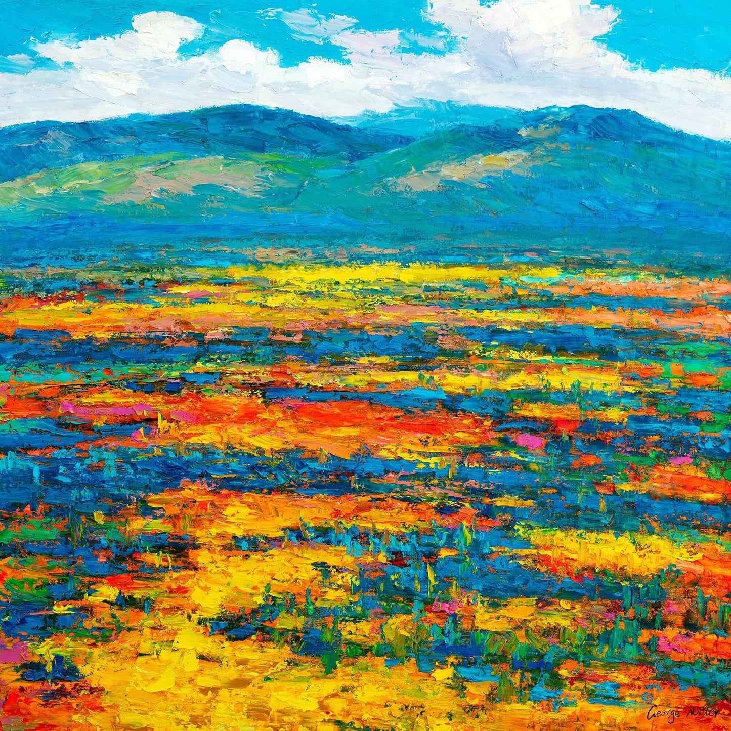 Original Oil Painting, Spring Moutain Fields with Flowers, Canvas Wall Decor, Rustic Living Room Decor, Original Landscape Painting, Art