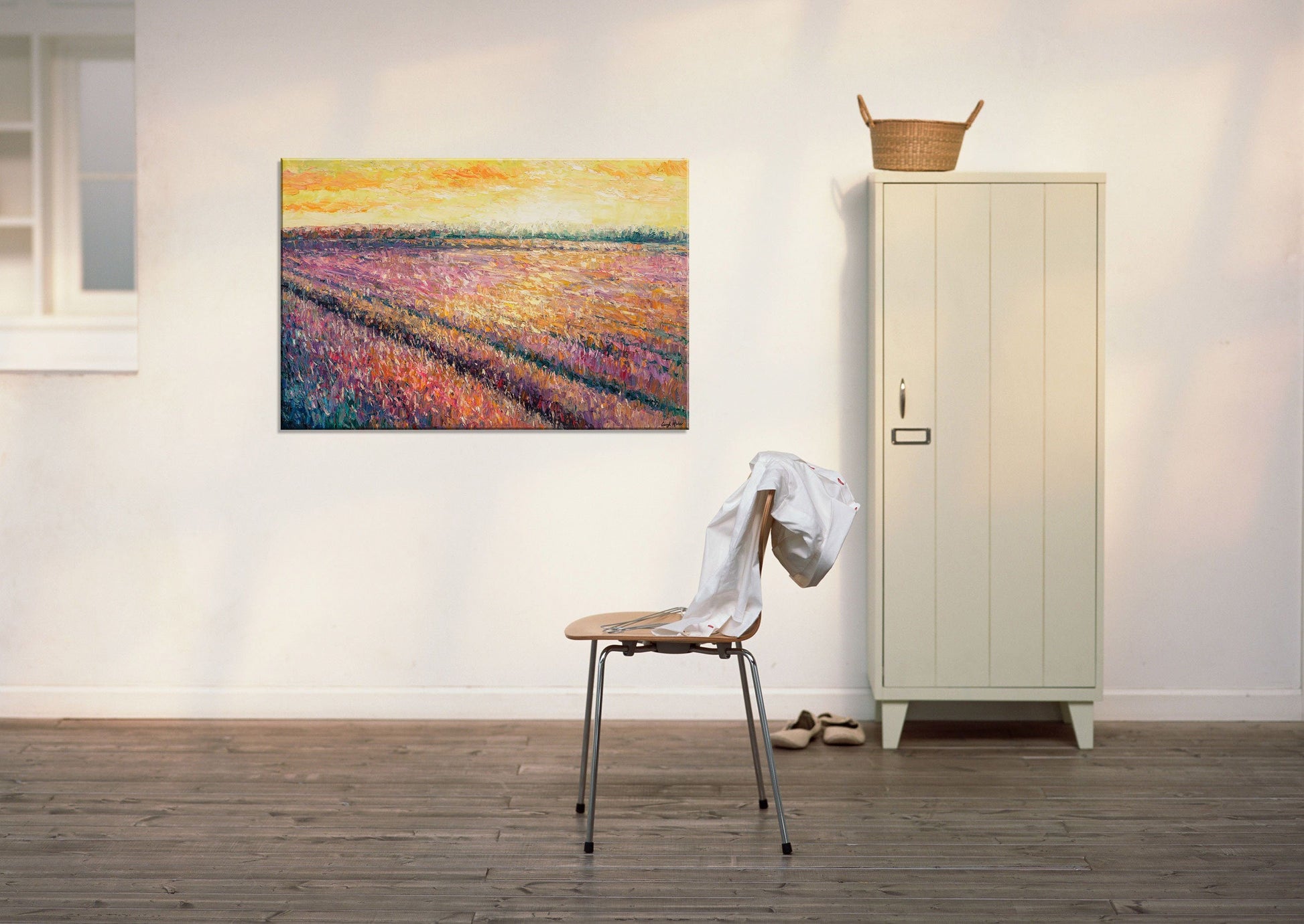 Oil Painting, Landscape Painting, Canvas Art,  Oil Painting Original, French Provence Purple Lavender Field Sunset, Palette Knife Painting