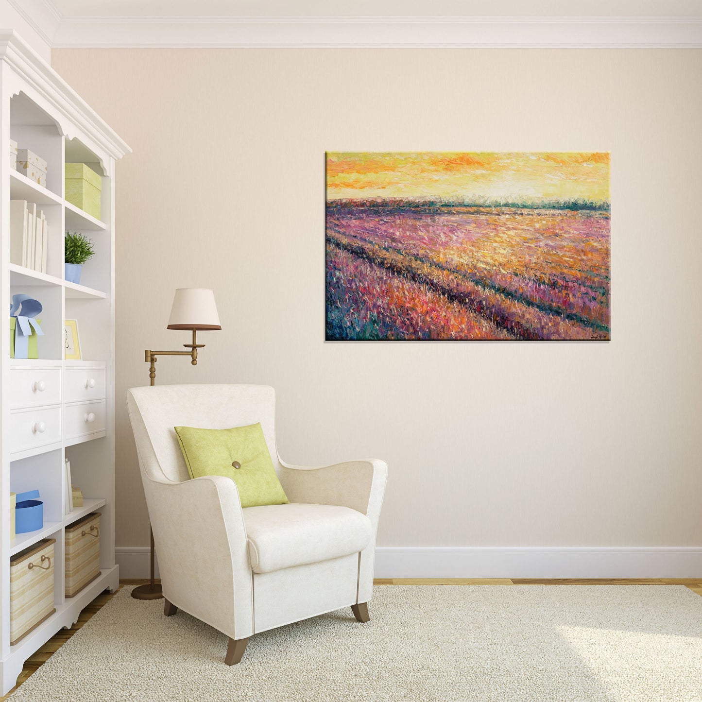 Oil Painting, Landscape Painting, Canvas Art, Oil Painting Original, French Provence Purple Lavender Field Sunset, Palette Knife Painting
