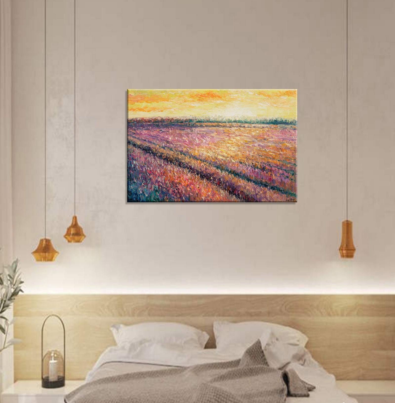 Oil Painting, Landscape Painting, Canvas Art,  Oil Painting Original, French Provence Purple Lavender Field Sunset, Palette Knife Painting