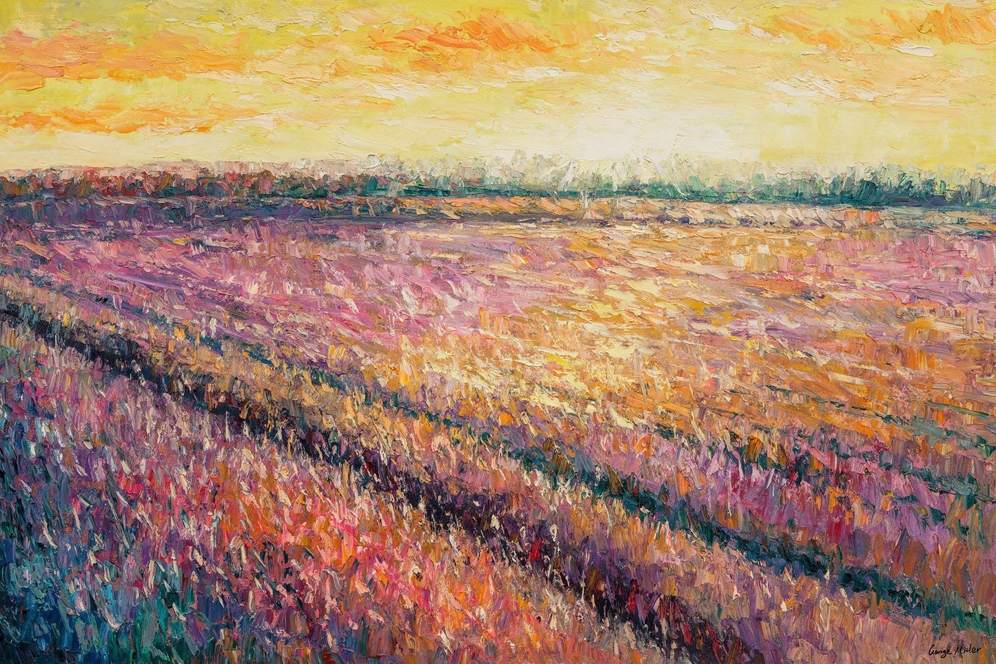 Oil Painting, Landscape Painting, Canvas Art, Oil Painting Original, French Provence Purple Lavender Field Sunset, Palette Knife Painting