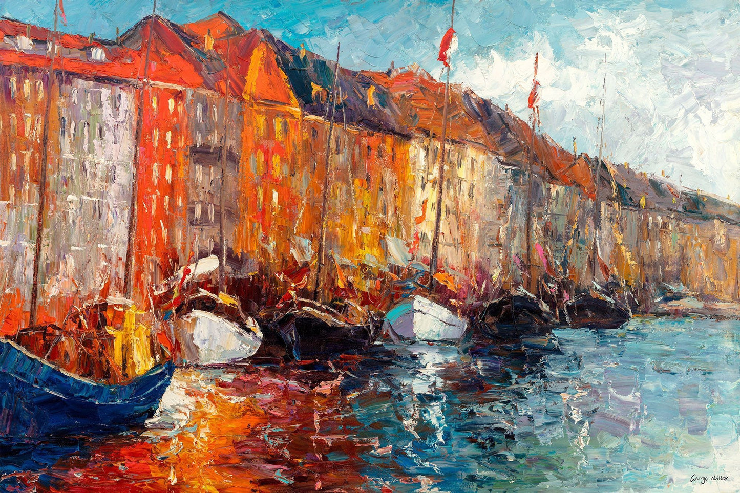 Oil Painting Amsterdam Canal Boats, Large Oil Painting, Original Abstract Art, Original Oil Painting Landscape, Oil Painting Abstract