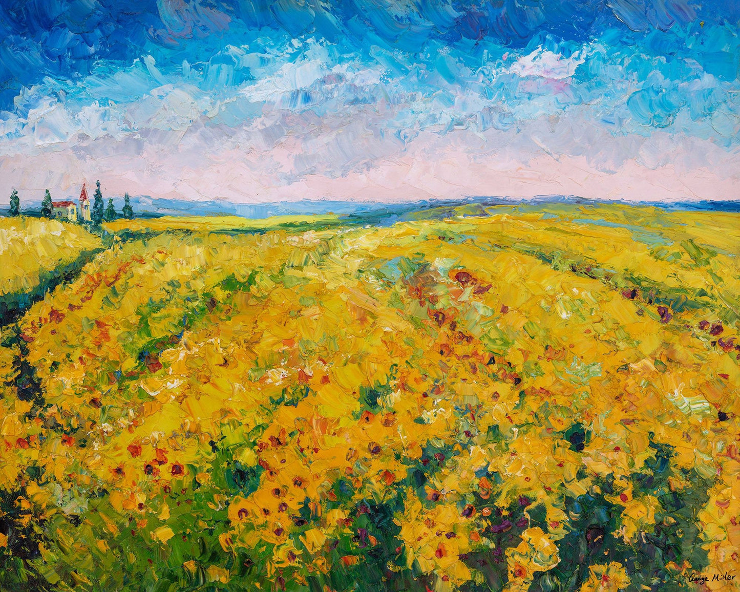 Oil Painting, Italian Tuscany Landscape Painting, Sunflower Fields, Palette Knife Art, Oil Painting Abstract, Rustic Living Room Wall Art
