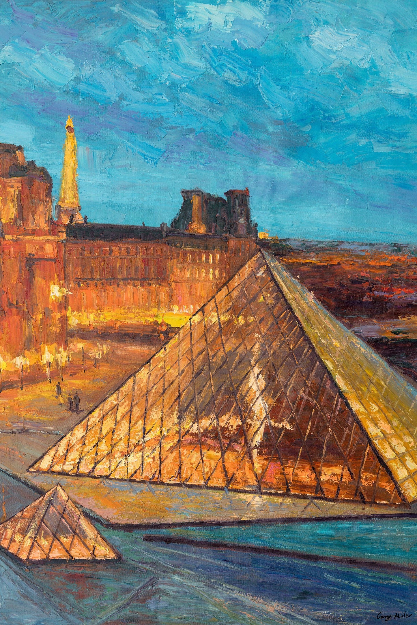 Canvas Oil Painting Louvre Museum Paris at Night, Abstract Landscape Painting, Large Wall Art, Modern Art, Original Abstract Painting