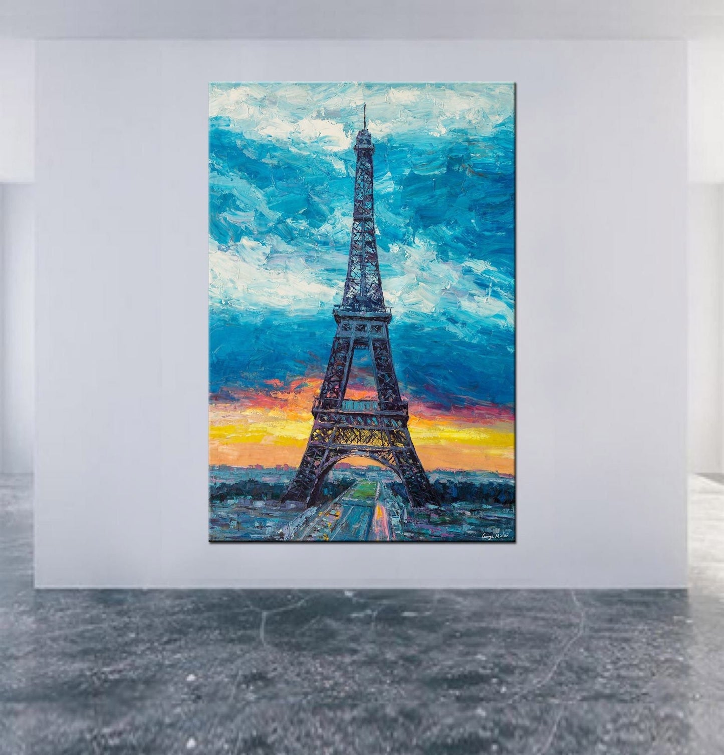 Original Landscape Painting Paris Eiffel Tower at Dawn, Large Wall Art Cityscape, Modern Art, Abstract Canvas Painting, Large Oil Painting