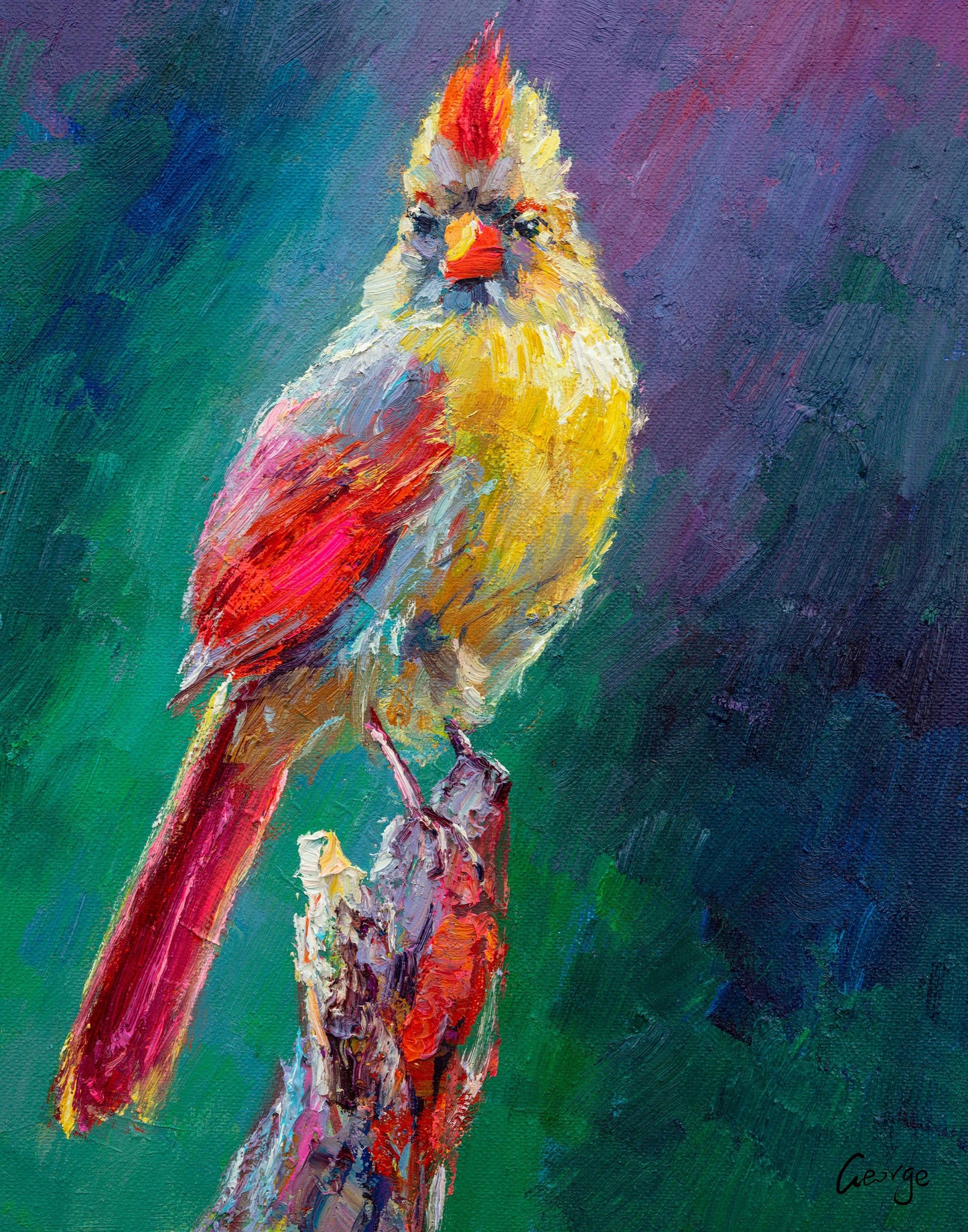 Oil Painting Bird, Northern Cardinal Female, Canvas Painting, Abstract Oil Painting, Kitchen Decor, Bird Painting, Modern Art, Original Art