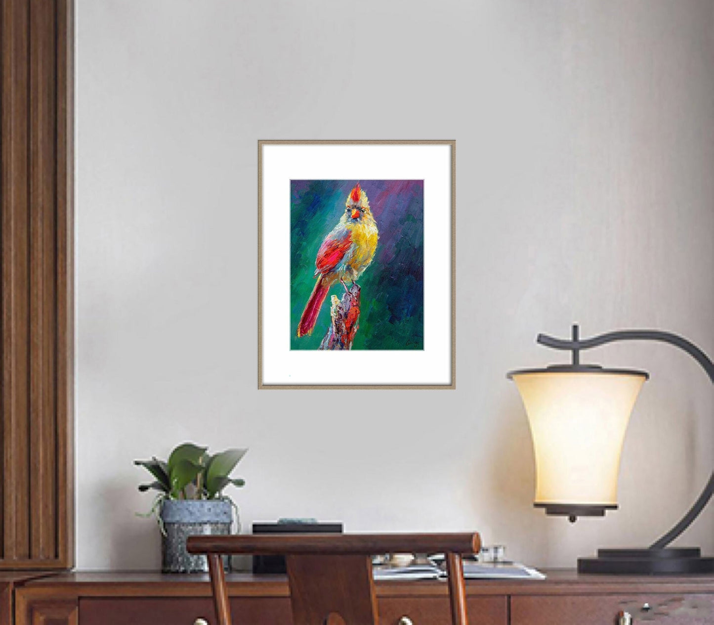 Oil Painting Bird, Northern Cardinal Female, Canvas Painting, Abstract Oil Painting, Kitchen Decor, Bird Painting, Modern Art, Original Art