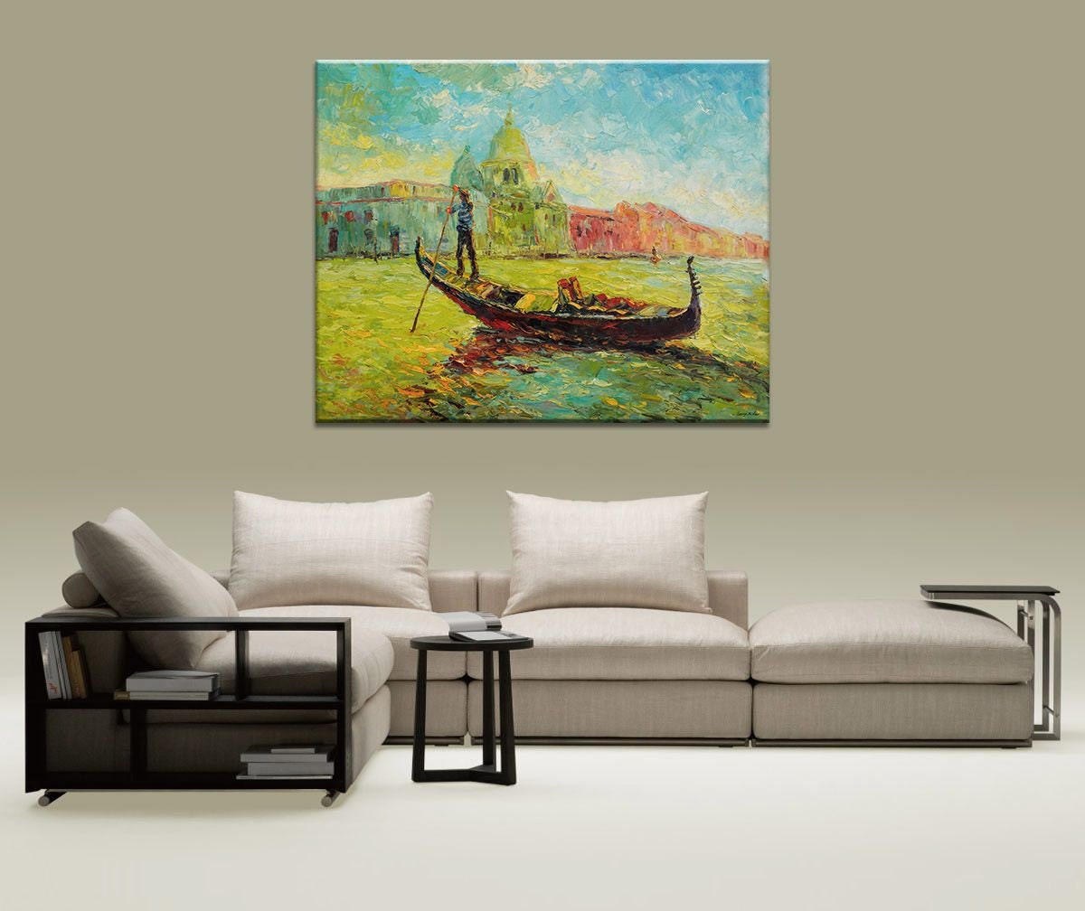 Italian Venice Oil Painting, Gondola, Palette Knife Painting, Abstract Canvas Painting, Original Landscape Oil Paintings, Large Art