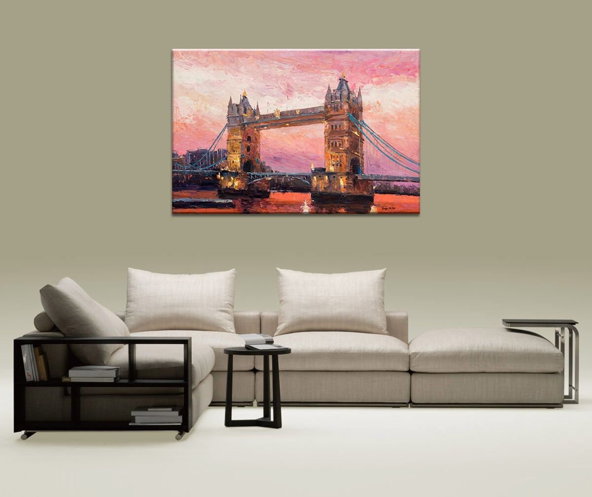 Tower Bridge, River Thames London, Original Oil Painting, Oil Painting Abstract, Landscape Oil Painting, Large Art, Abstract Wall Art