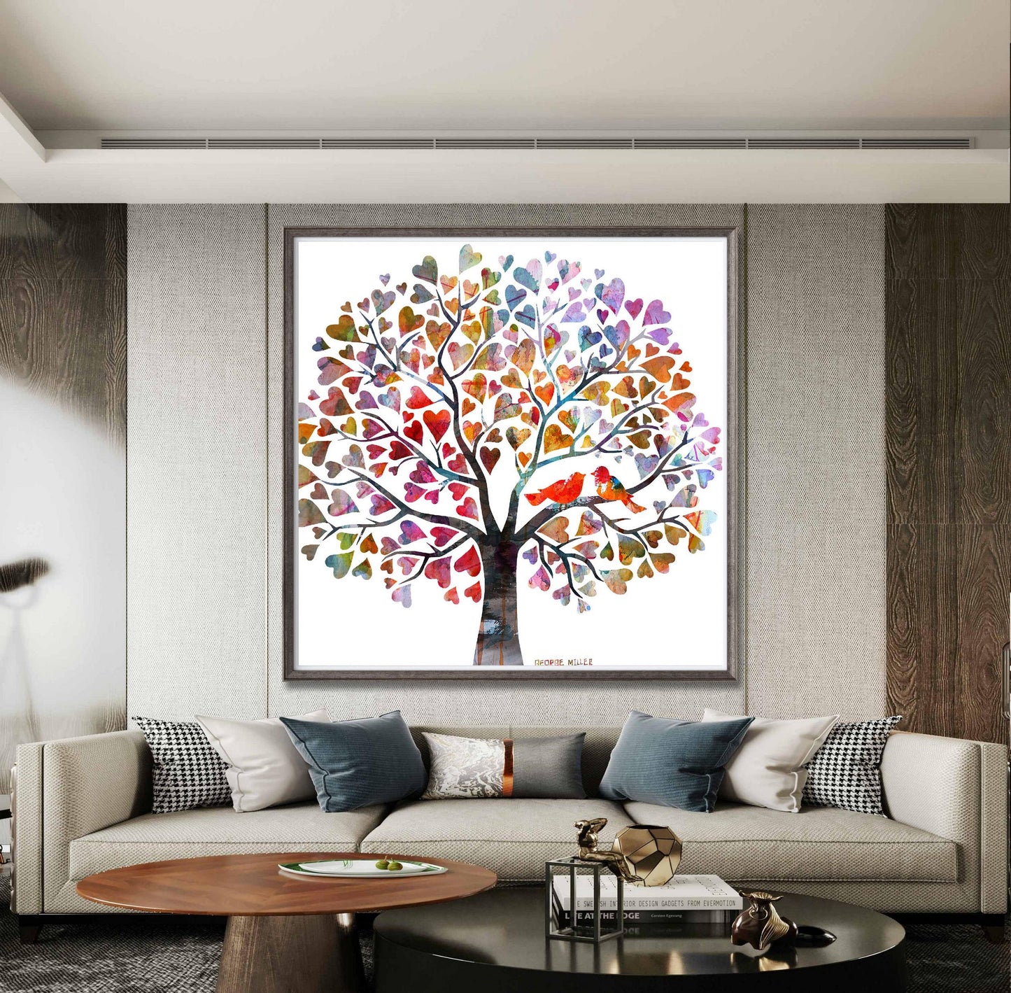 Canvas Print, Tree with Love Birds, Wall Art, Abstract Landscape Painting, Art, Artwork, Modern Art, Original Art Painting, Wedding Gift