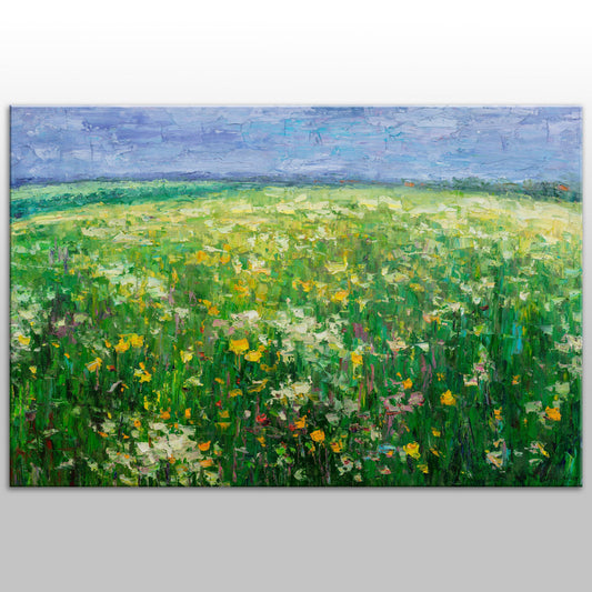 Oil Painting Spring Field with Wild Flowers, Large Abstract Art, Abstract Landscape Painting, Abstract Canvas Art, Abstract Oil Painting
