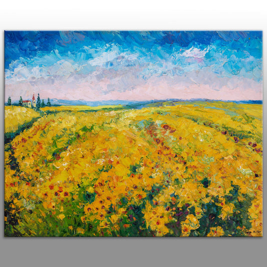Oil Painting, Italian Tuscany Landscape Painting, Sunflower Fields, Palette Knife Art, Oil Painting Abstract, Rustic Living Room Wall Art