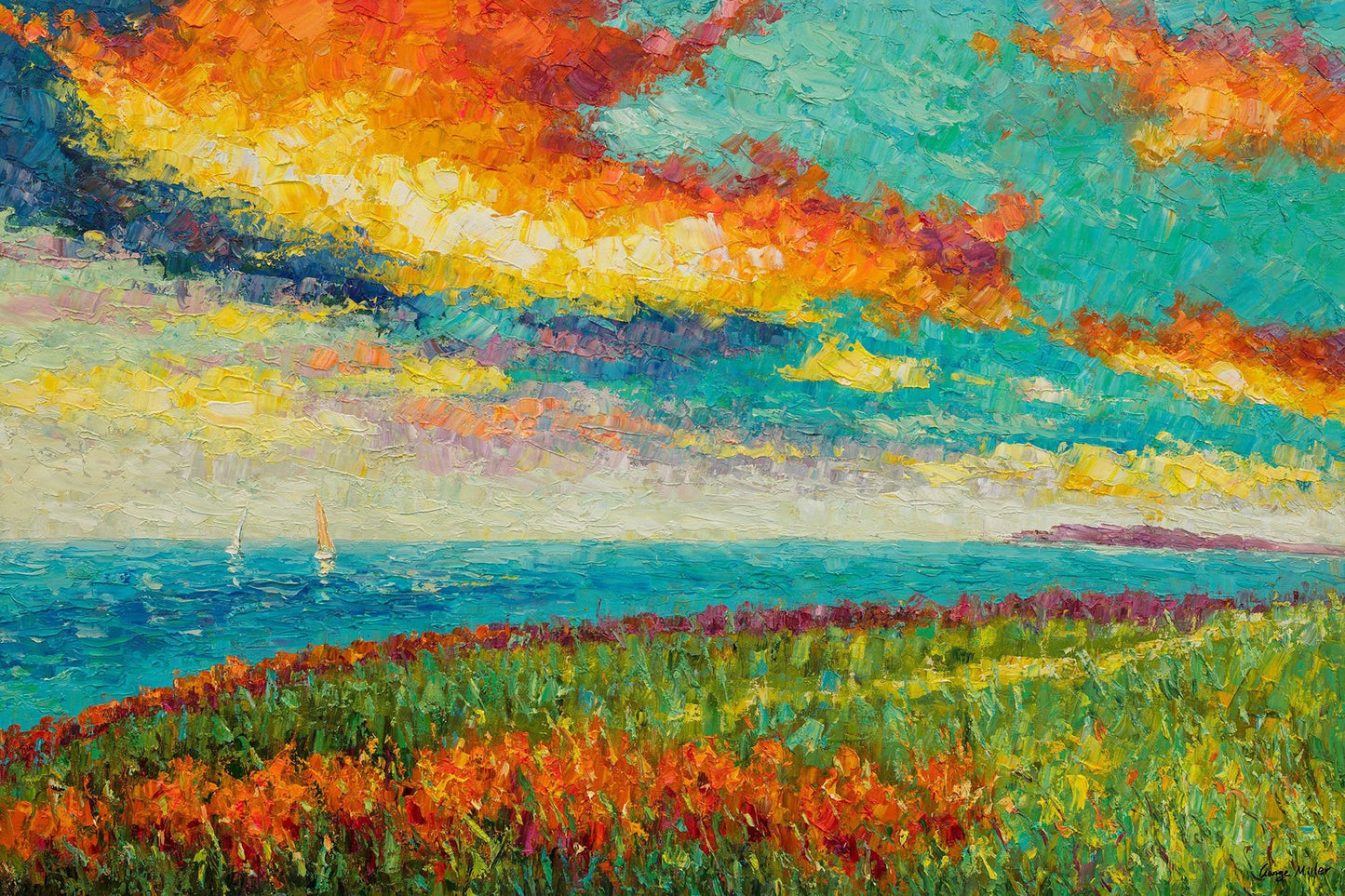 Oil Painting by the Seashore, Abstract Canvas Art, Original Oil Painting, Living Room Art, Landscape Painting, Modern Painting, Large Art