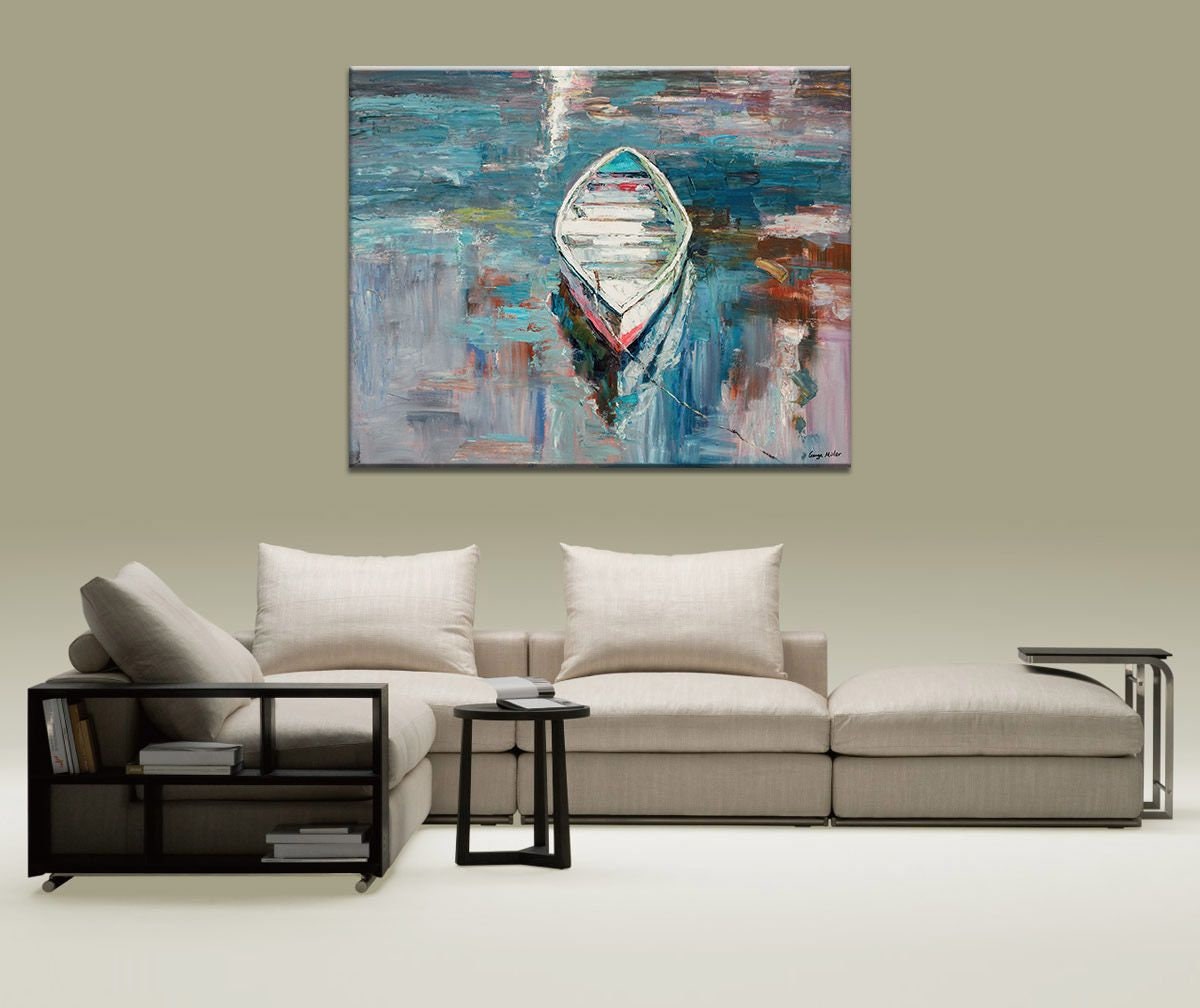 Oil Painting Seascape Fishing Boats, Coffee Wall Art, Contemporary Painting, Large Landscape Painting, Abstract Painting, Kitchen Art, Large