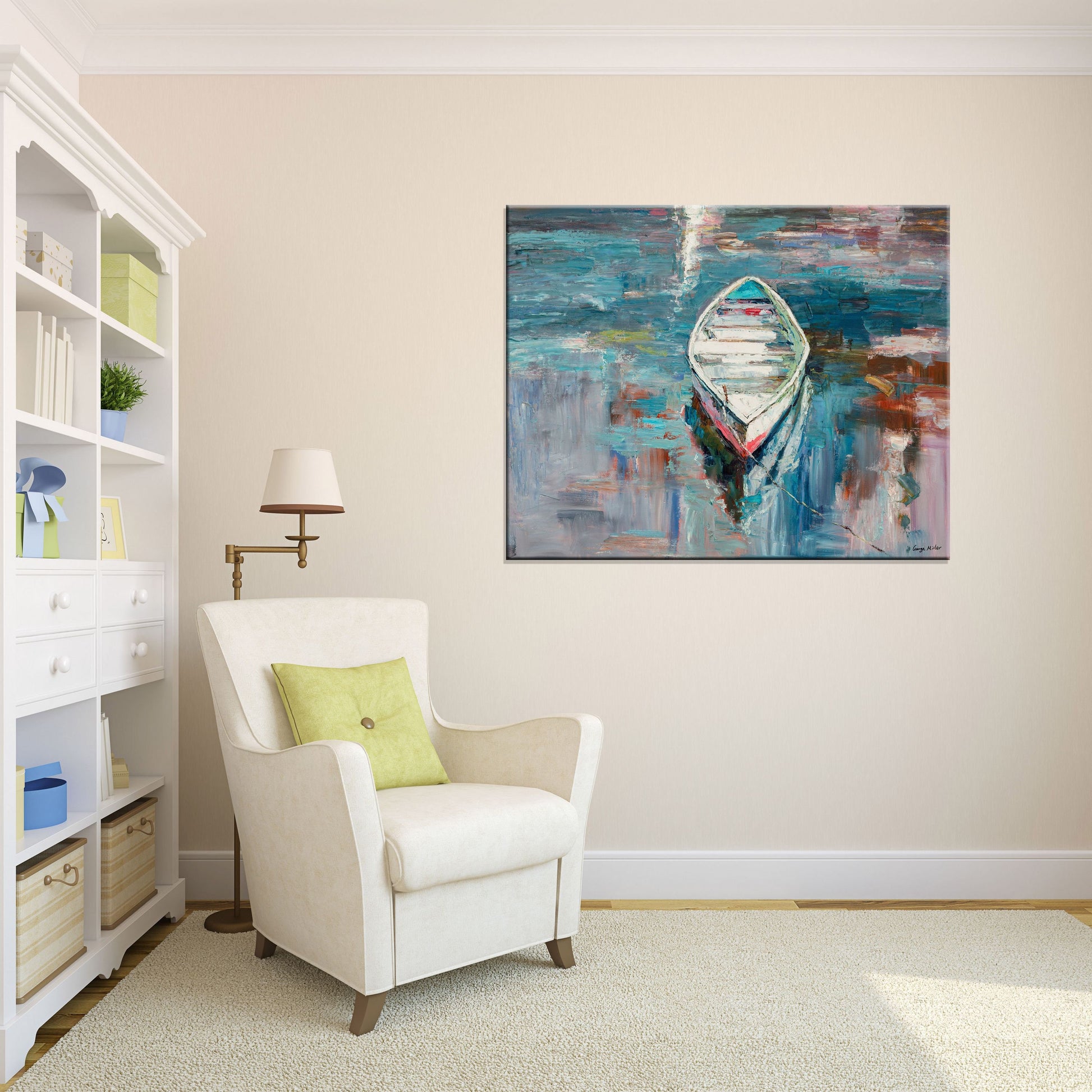 Oil Painting Seascape Fishing Boats, Coffee Wall Art, Contemporary Painting, Large Landscape Painting, Abstract Painting, Kitchen Art, Large