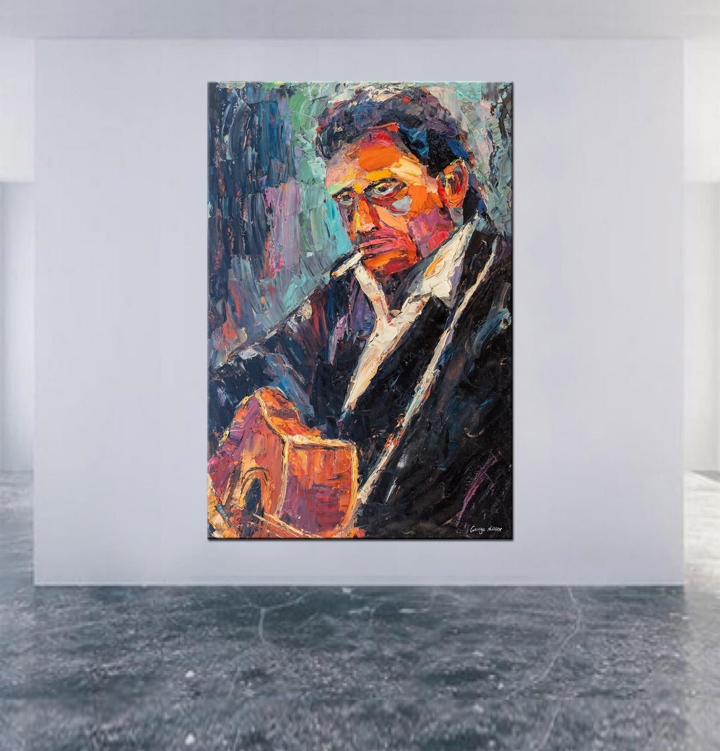 Oil Painting Johnny Cash with Guitar, Rock Music, Large Abstract Painting, Abstract Oil Painting, Large Wall Art Painting, Contemporary Art