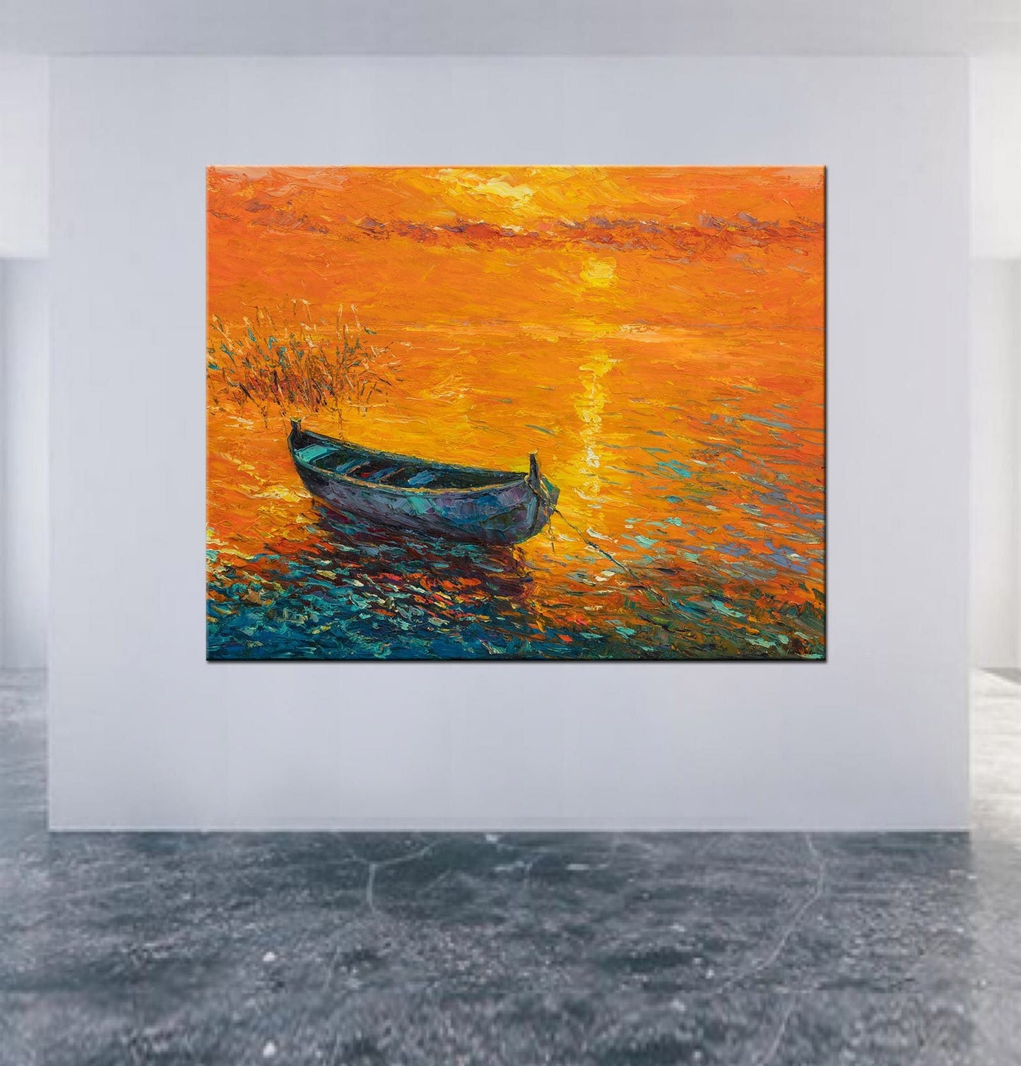 Oil Painting Seascape, Large Oil Painting, Fishing Boat Sunset, Contemporary Painting, Large Wall Art, Original Painting, Canvas Painting