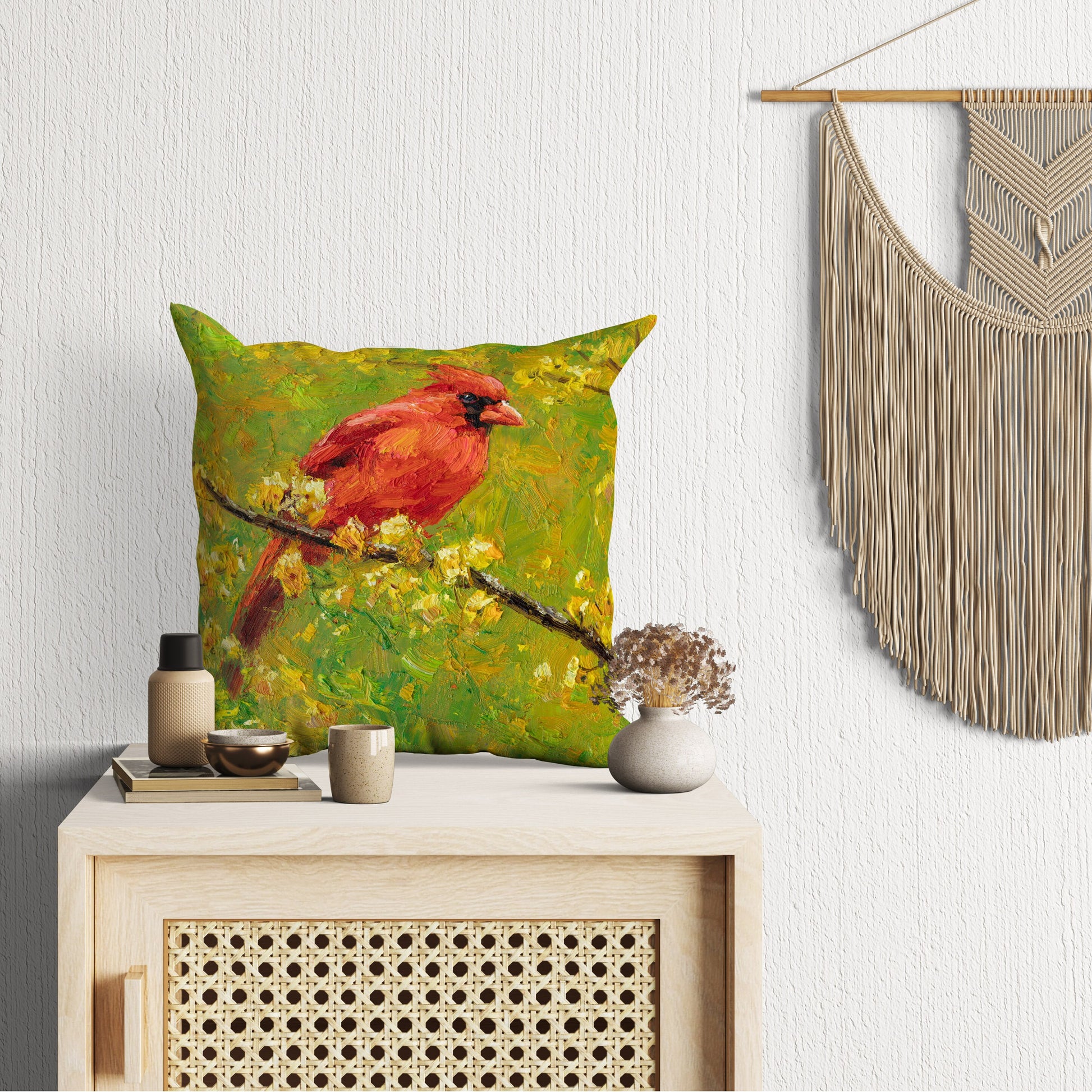 Pillow Cover, Northern Cardinal Male Red Bird Pillow, Comfortable, Bright Yellow Pillow, Fun Throw Pillows, Square, Home Decor Pillow
