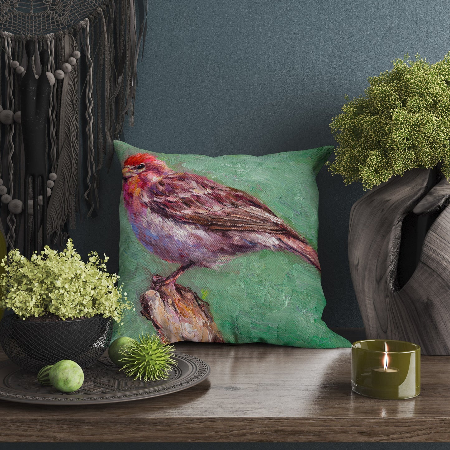 Throw Pillow Cover, House Finch Bird Pillow, Soft Pillow Cases, Red Pillow Cases, Beautiful Pillow, Square, Housewarming Gift
