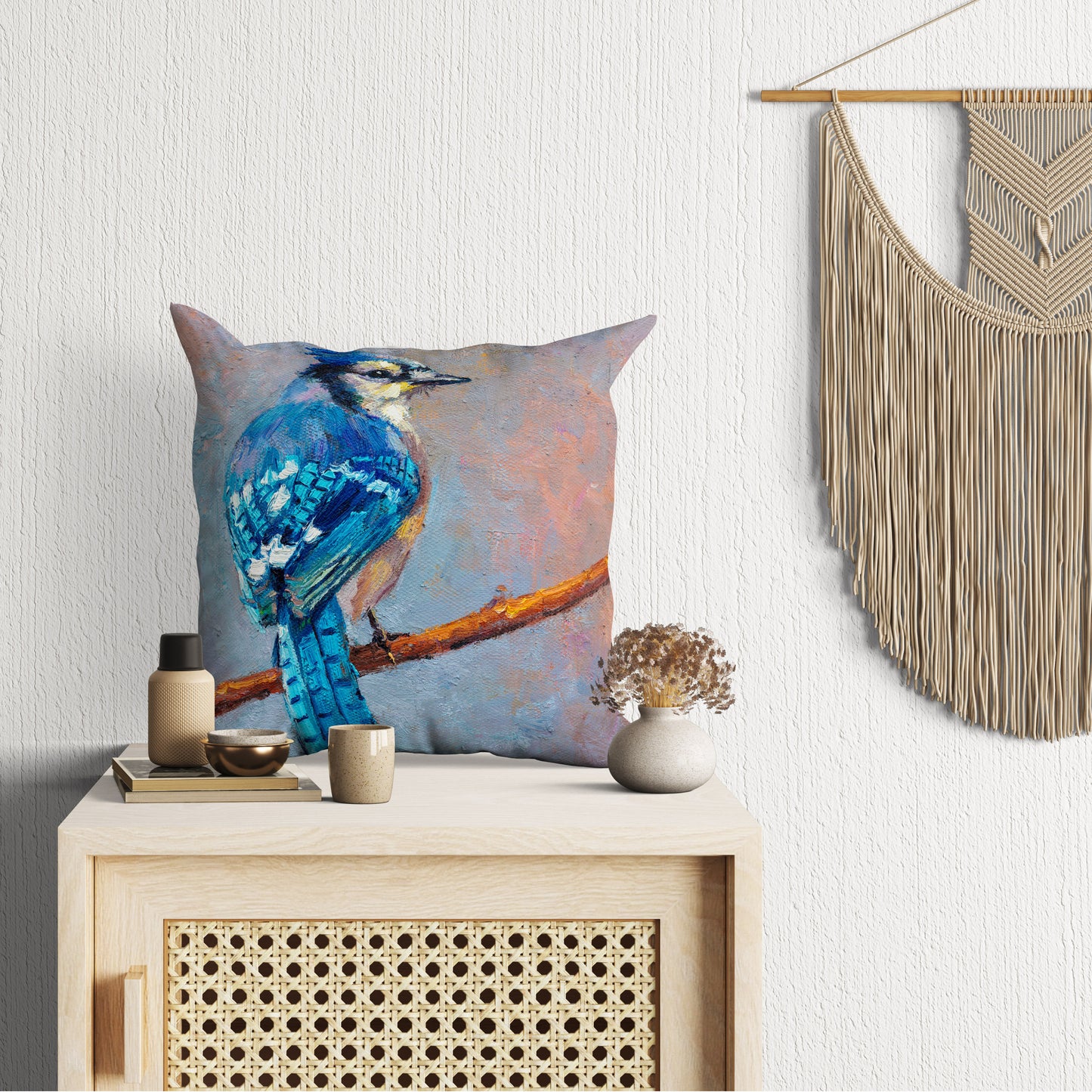 Decorative Pillow, Blue Jay Bird Pillow, Comfortable, Bright Yellow Pillow, Fun Pillow Cases, 18 X 18 Pillow Covers, Nursery Pillows