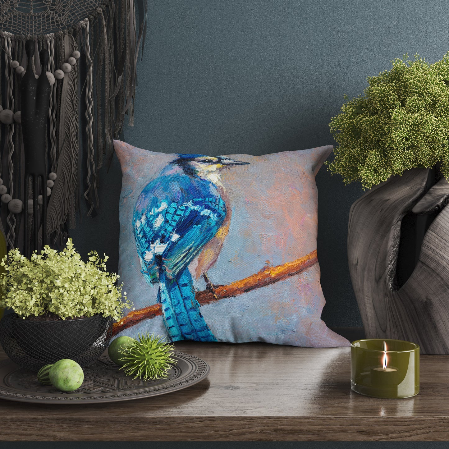 Decorative Pillow, Blue Jay Bird Pillow, Comfortable, Bright Yellow Pillow, Fun Pillow Cases, 18 X 18 Pillow Covers, Nursery Pillows
