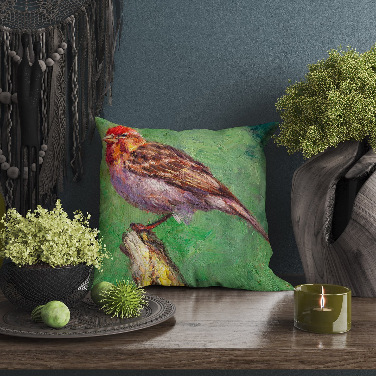 Throw Pillow, House Finch Bird Pillow, Comfortable, Bright Yellow Pillow, Fun Throw Pillows, 20X20 Pillow Cover, Home Decor Pillow