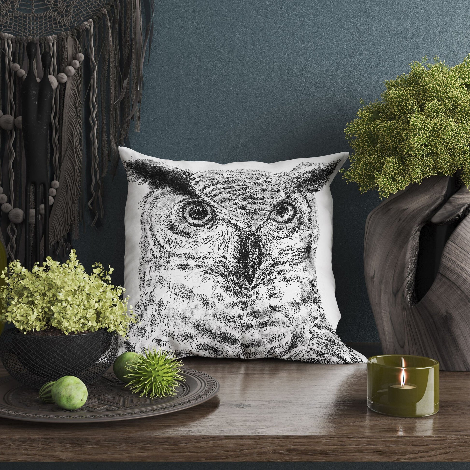 Owl Pillow Case, Bird Pillow, Art Pillow, Black White Pillow, Beautiful Pillow, 16X16 Case, Housewarming Gift, Farmhouse Decor