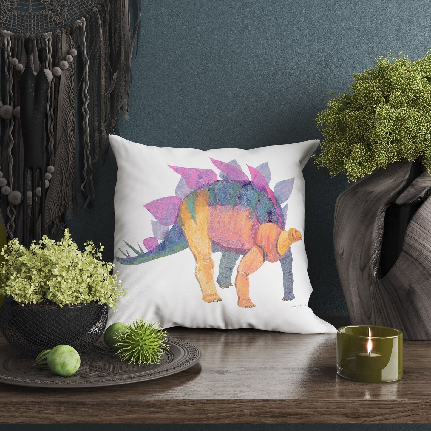 Stegosaurus Dinosaur Throw Pillow Cases For Kids, Abstract Pillow Case, Designer Pillow, Colorful Pillow Case, Watercolor Pillow Cases