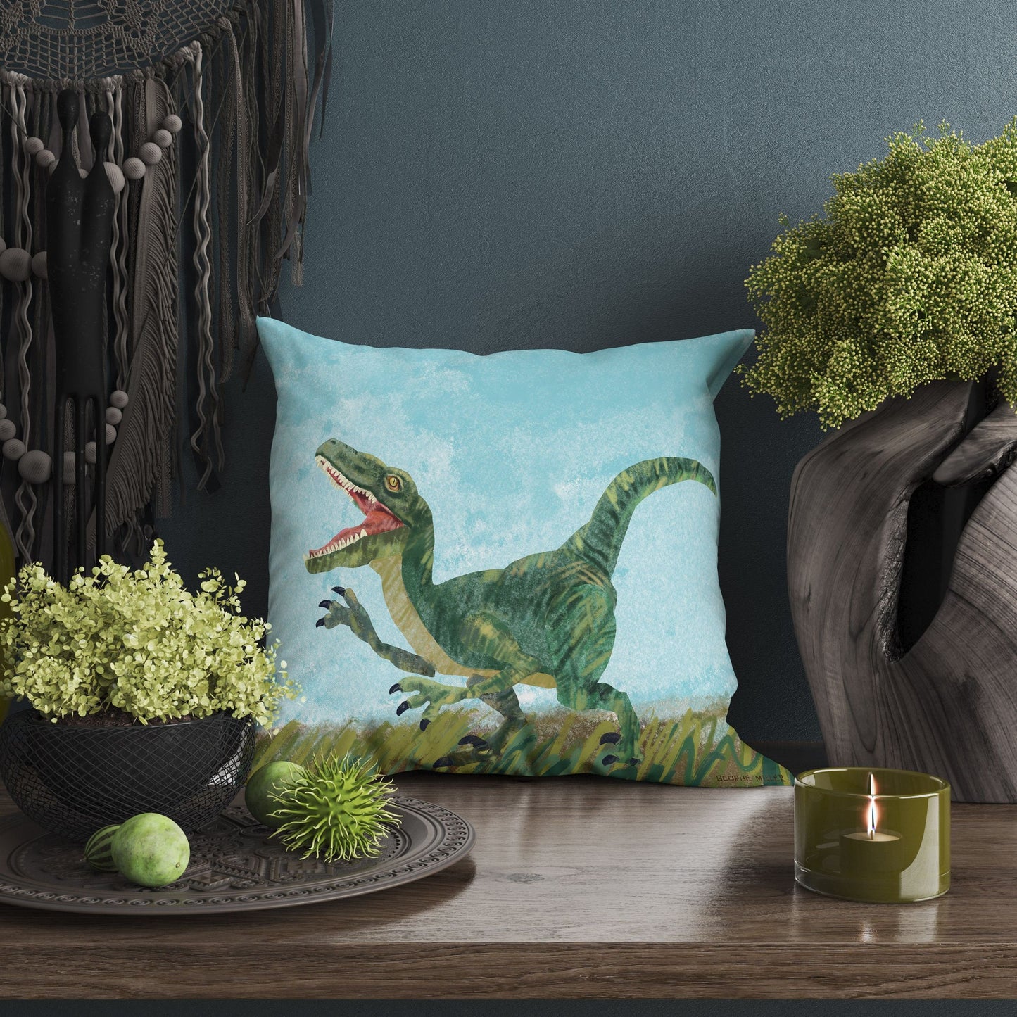 Tyrannosaurus Rex Dinosaur Pillow Cases For Kids, Toss Pillow, Abstract Throw Pillow Cover, Original Art Pillow, Green Pillow Cases, Fashion