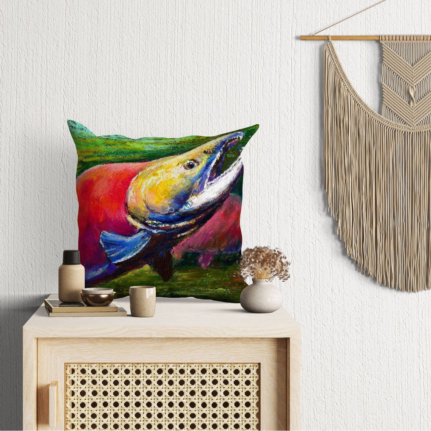 Salmon Fish Red Throw Pillow, Nautical Pillow Cases, Red Pillow Cases, Cute Pillow Cases, 20X20 Pillow Cover, Pillow Cases For Kids