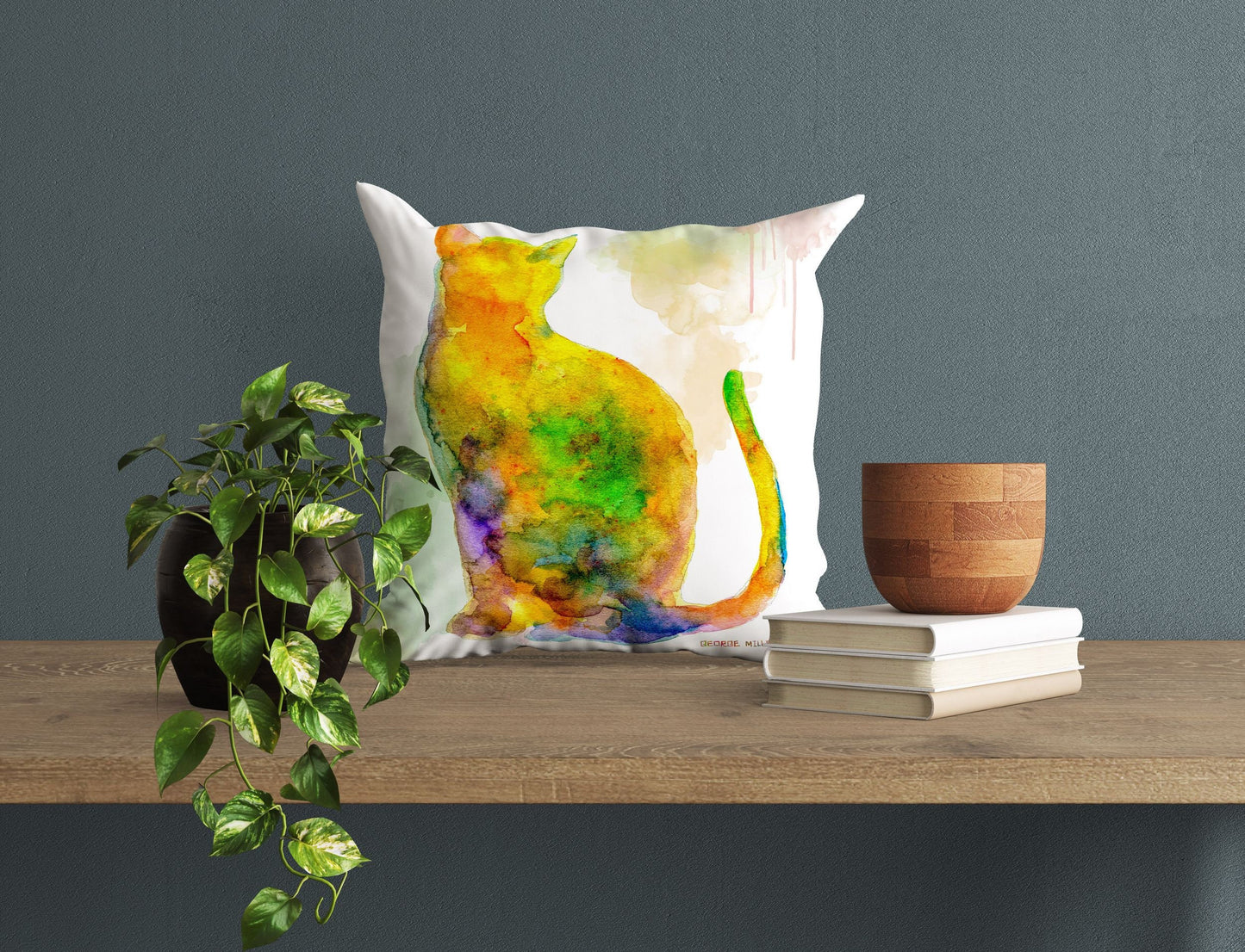 Colorful Cat Cute Pillow Cases, Pillow Cases For Kids, Animal Pillow, Artist Pillow, Green Pillow Cases, Watercolor Pillow Case
