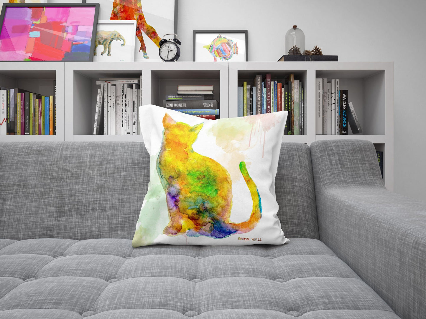 Colorful Cat Cute Pillow Cases, Pillow Cases For Kids, Animal Pillow, Artist Pillow, Green Pillow Cases, Watercolor Pillow Case