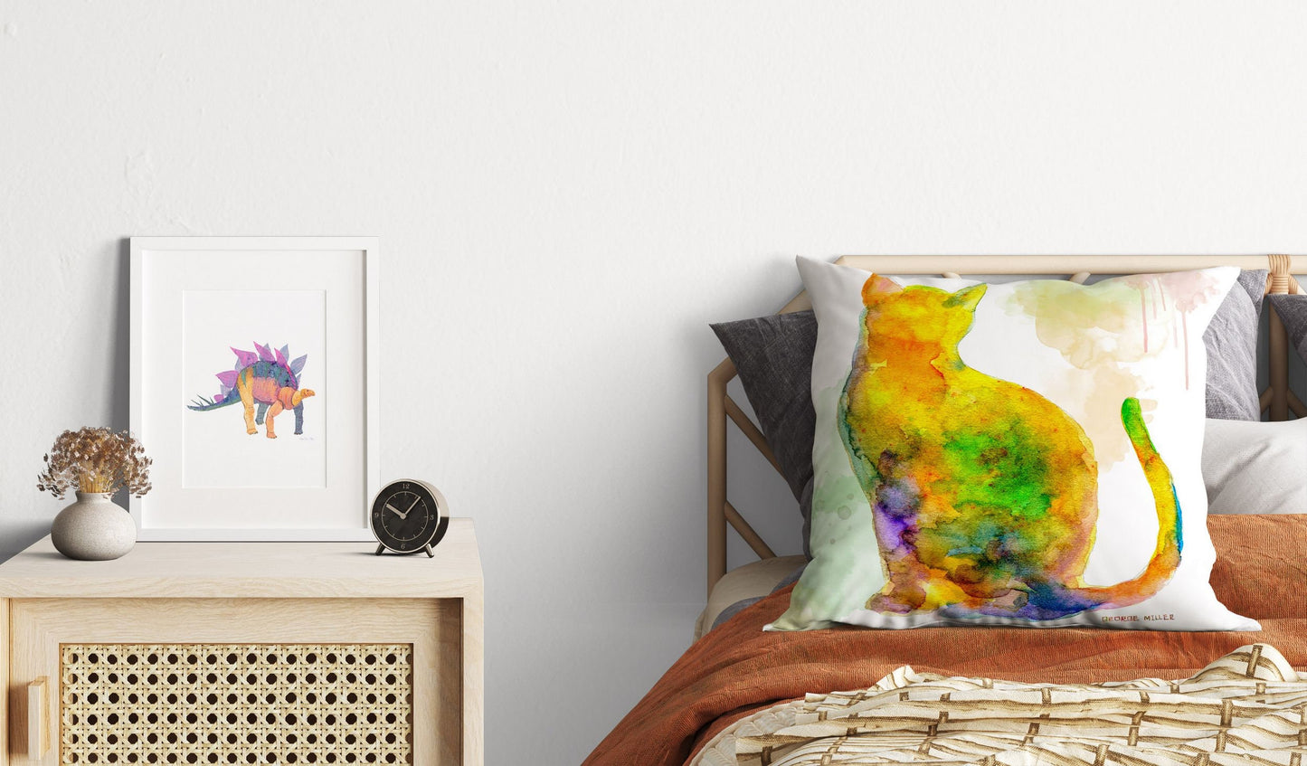 Colorful Cat Cute Pillow Cases, Pillow Cases For Kids, Animal Pillow, Artist Pillow, Green Pillow Cases, Watercolor Pillow Case