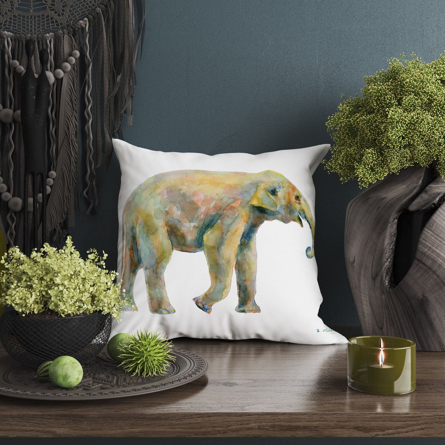 Baby Elephant Cute Pillow Cases, Pillow Cases For Kids, Animal Pillow, Art Pillow, Green Pillow Cases, Watercolor Pillow Cases