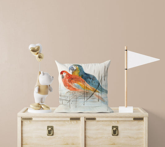 Parror Birds Pillow Cases For Kids, Designer Pillow, Red Pillow Cases, Watercolor Pillow Cases, Large Pillow Cases, Home Decor Pillow