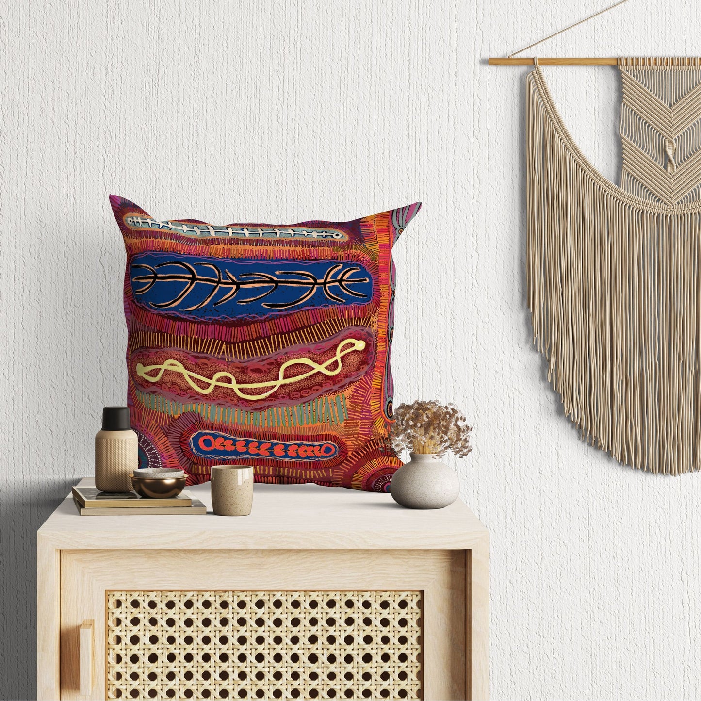 Australian Aboriginal Art Abstract Throw Pillow, Red Pillow Cases, Contemporary Pillow, 24X24 Pillow Case, Nursery Pillows, Sofa Pillows