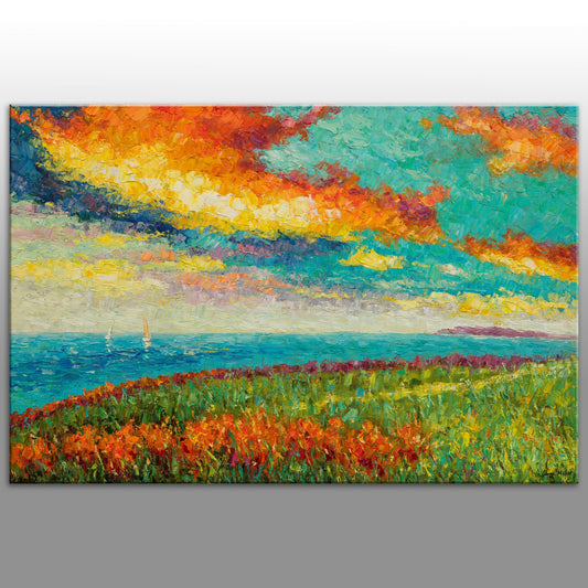 Oil Painting by the Seashore, Abstract Canvas Art, Original Oil Painting, Living Room Art, Landscape Painting, Modern Painting, Large Art