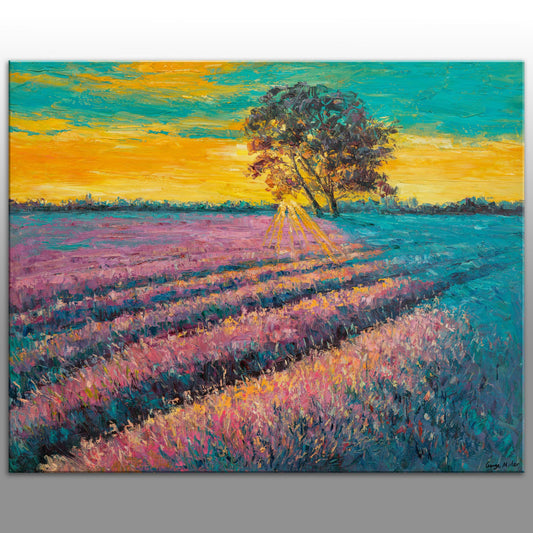 Landscape Painting, Oil Painting, French Lavender Field, Spring, Large Art, Large Wall Art, Living Room Art, Abstract Canvas Painting, Knife