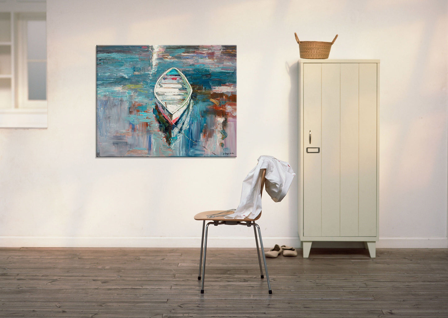 Oil Painting Seascape Fishing Boats, Coffee Wall Art, Contemporary Painting, Large Landscape Painting, Abstract Painting, Kitchen Art, Large