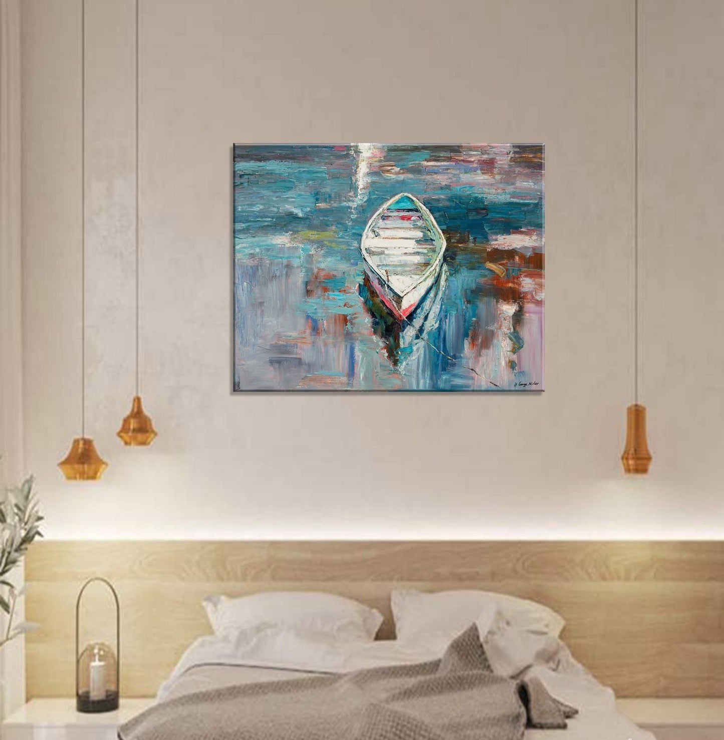 Oil Painting Seascape Fishing Boats, Coffee Wall Art, Contemporary Painting, Large Landscape Painting, Abstract Painting, Kitchen Art, Large