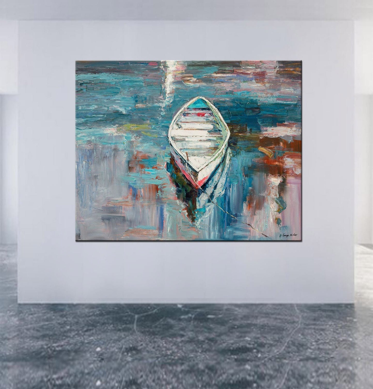 Oil Painting Seascape Fishing Boats, Coffee Wall Art, Contemporary Painting, Large Landscape Painting, Abstract Painting, Kitchen Art, Large