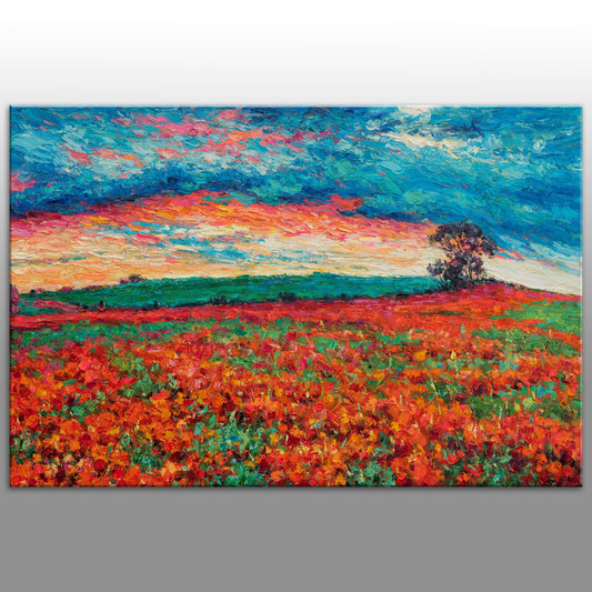 Landscape Oil Painting Red Poppy Fields, Wall Art, Unique Wall Art, Home Decor Modern, Large Abstract Art, Palette Knife Original Painting