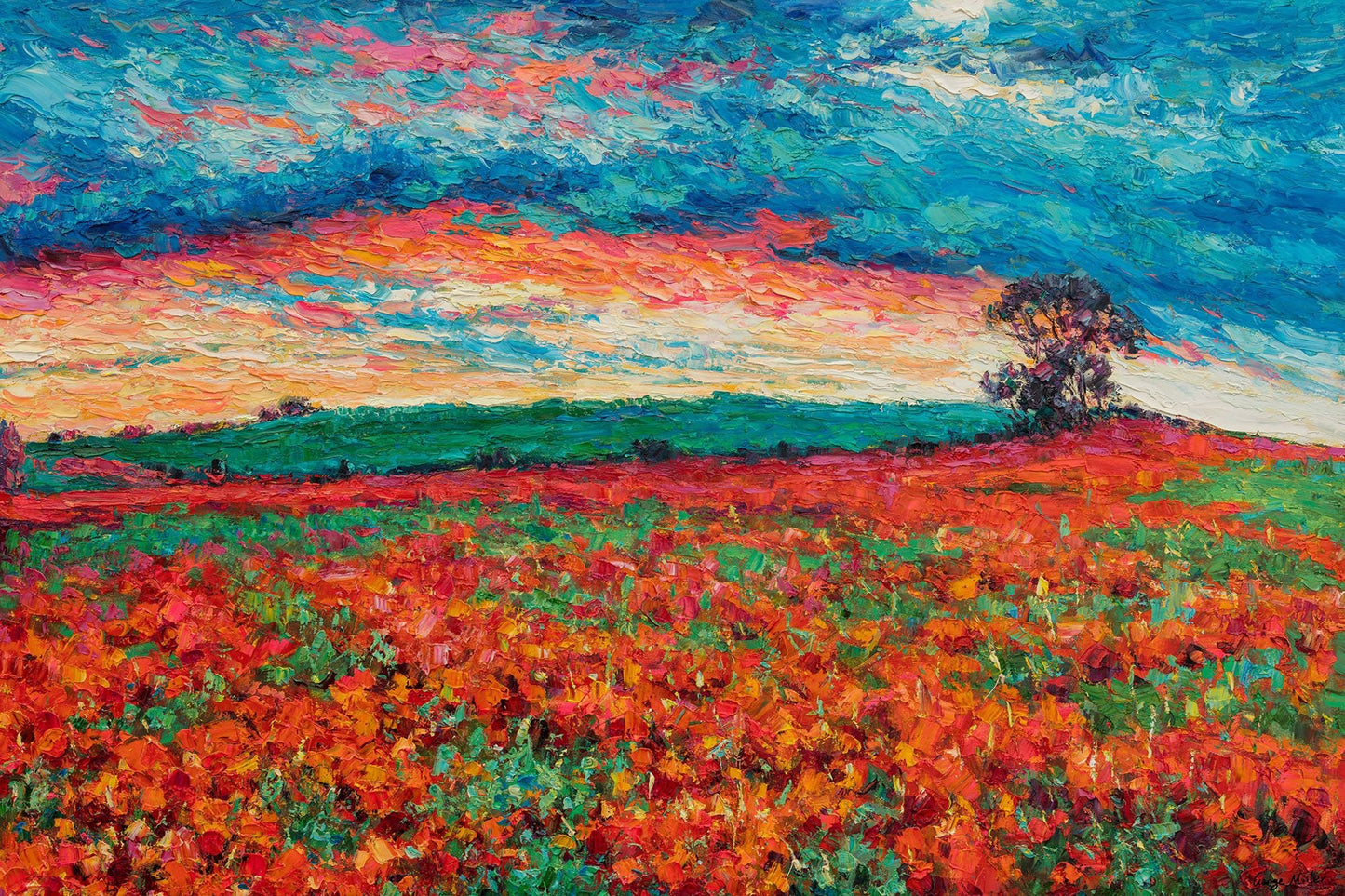 Landscape Oil Painting Red Poppy Fields, Wall Art, Unique Wall Art, Home Decor Modern, Large Abstract Art, Palette Knife Original Painting