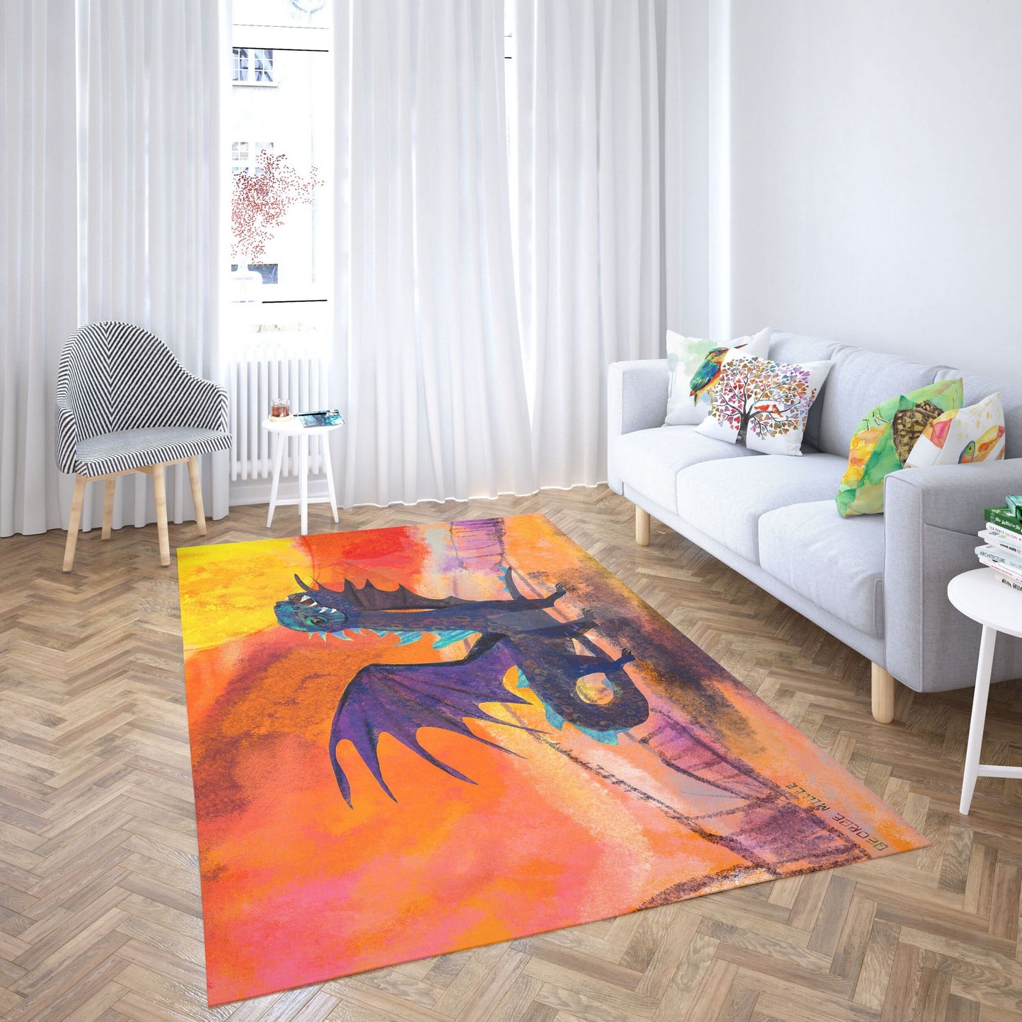 Kids Area Rug, Thick Carpet, Rectangle Rugs, Multi Color, Fire Breathing Dragon, Contemporary Rug, Gift For Her, Made In Usa, Flat Woven Rug