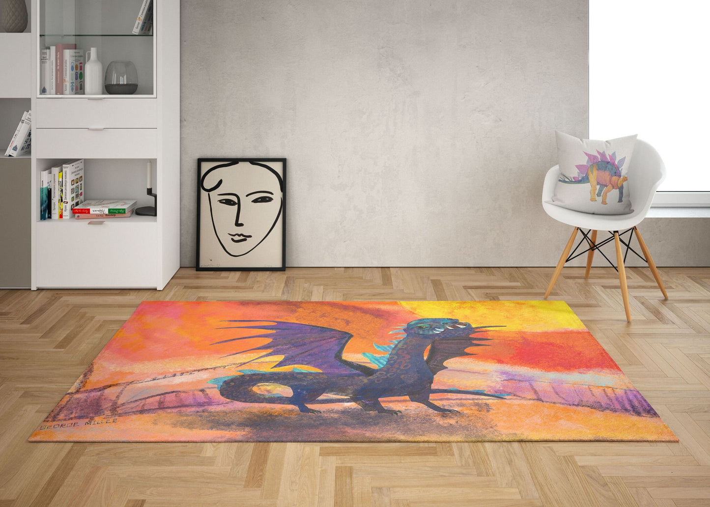 Kids Area Rug, Thick Carpet, Rectangle Rugs, Multi Color, Fire Breathing Dragon, Contemporary Rug, Gift For Her, Made In Usa, Flat Woven Rug