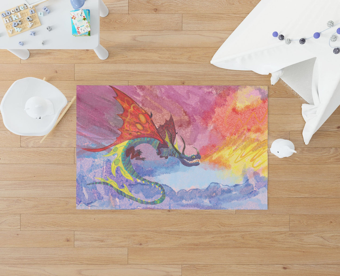 Kids Rug, Rugs And Carpet, Thick Carpet, Rectangle Area Rug, Red Blue Area Rug, Fire Breathing Dragon, Contemporary Rug, Made In USA