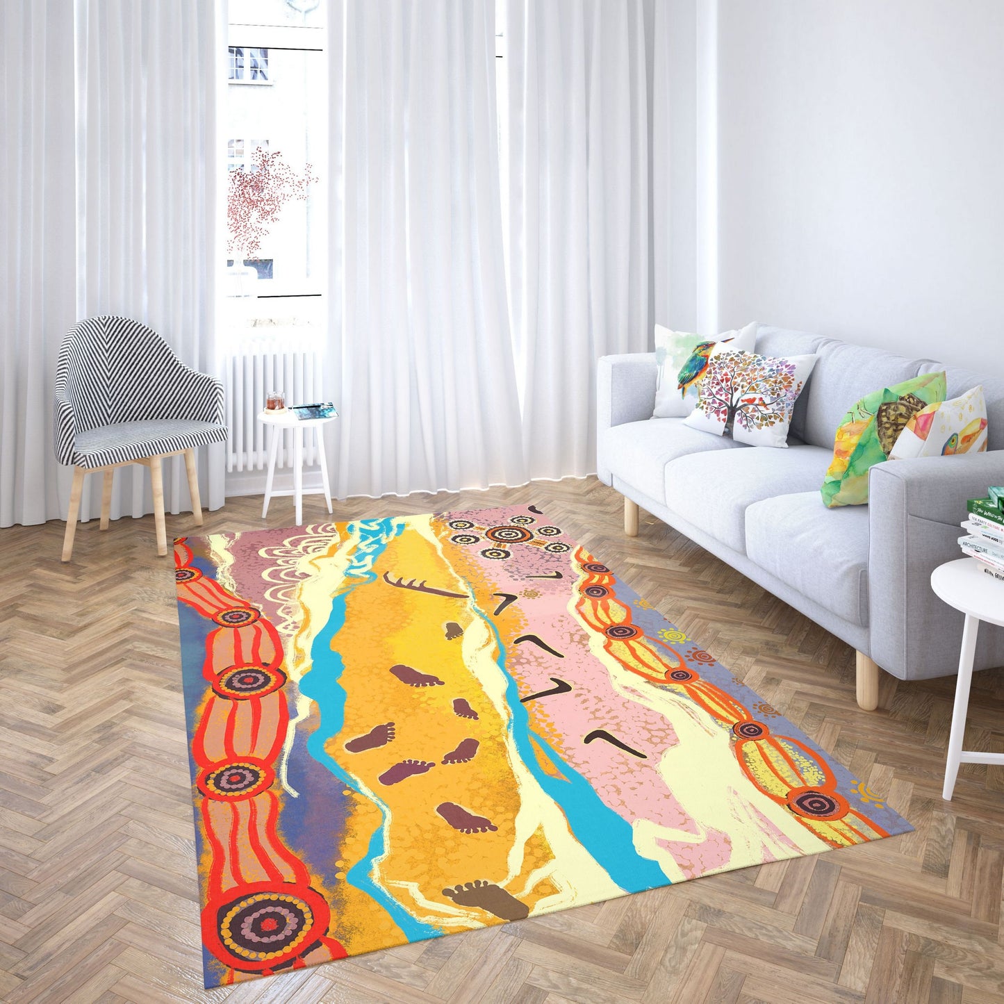Area Rug, Durable Rug, Rectangle Rugs, Yellow And Gray Rug, Austrialian Aboriginal Rug, Modern Rug, Kids Rug, Made In Usa, Flat Woven Rug