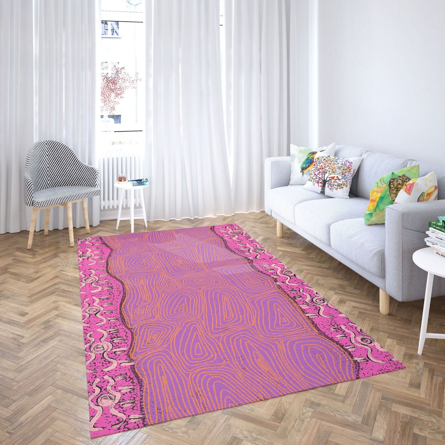 Floor Mat, Durable Rug, Rectangle Rugs, Pink And Yellow Rug, Austrialian Aboriginal Rug, Contemporary Rug, Bedroom Carpet, Made In USA