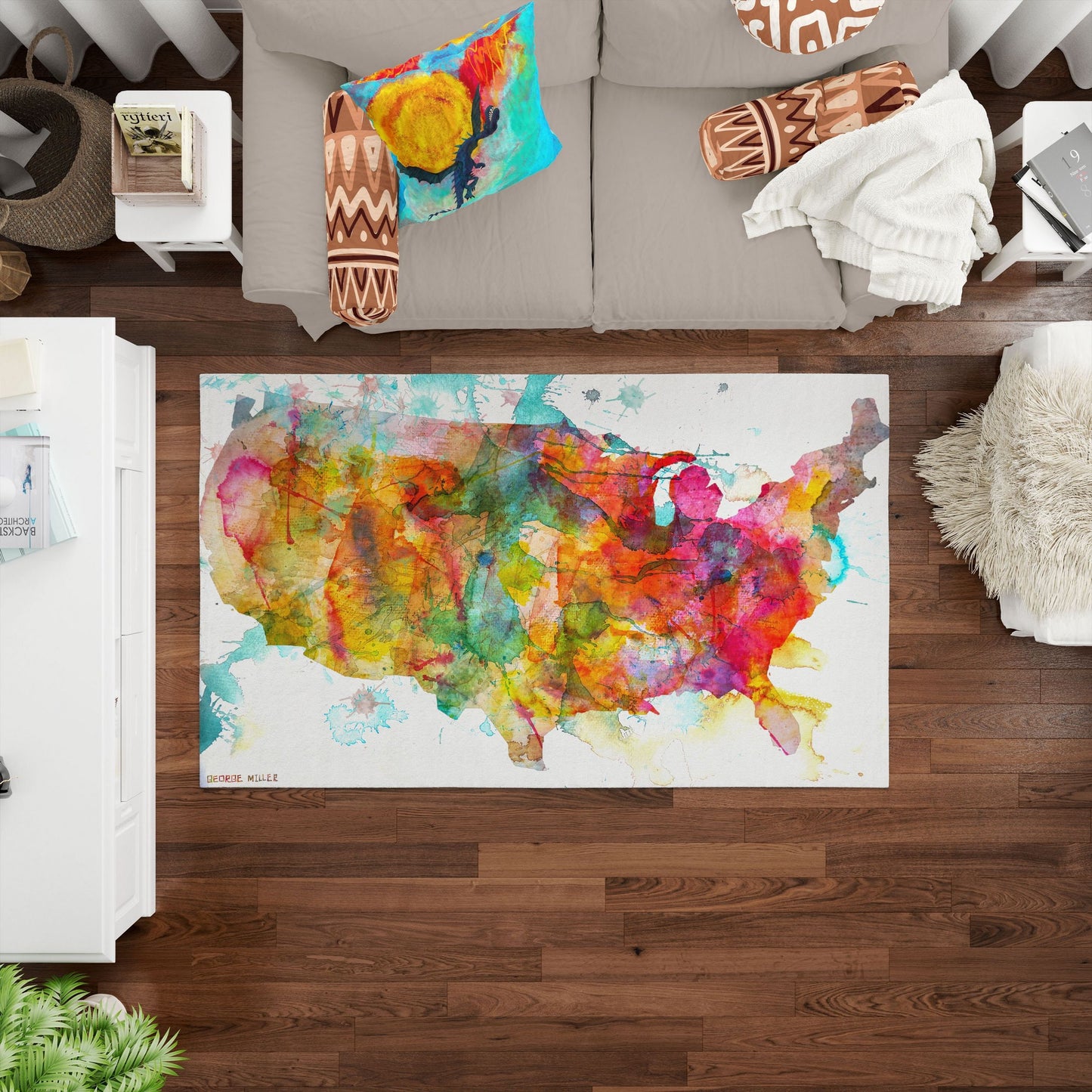 Watercolor Area Rug, Large Rug, Thick Carpet, Rectangle Area Rug, Colorful Rug, United States Map, Contemporary Rug, Floor Rugs, Made In Usa